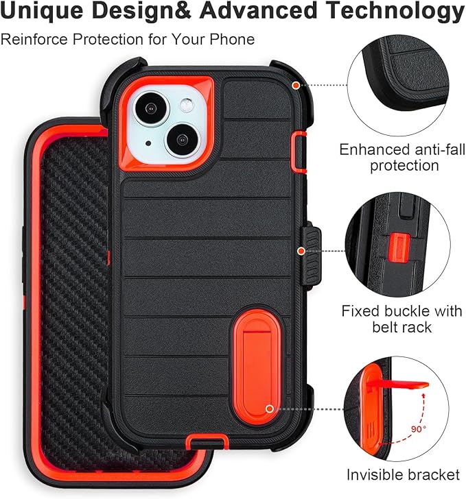 for Heavy Duty iPhone 15 Case with Belt Clip & Holster, Rugged Military Grade Shockproof Protective Cover for iPhone 15 Case with Stand 6.1 Inch (Black+Orange)
