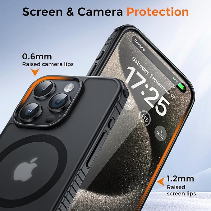 UNBREAKcable Magnetic Case for iPhone 15 Pro, [Compatible with MagSafe] [Non-Slip Grip] [Anti-Fingerprint] Translucent Matte Back & Soft TPU Bumper with Airbag Corners for iPhone 15 Pro 6.1" – Black