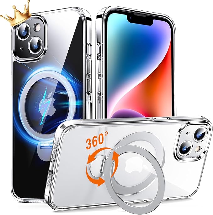 360° O-Ring MagStander for iPhone 13 Case, iPhone 14 Case with Magnetic Stand Ring Holder [Compatible with MagSafe][15FT Military Shockproof] Kickstand iPhone 13/14 Phone Cover Clear