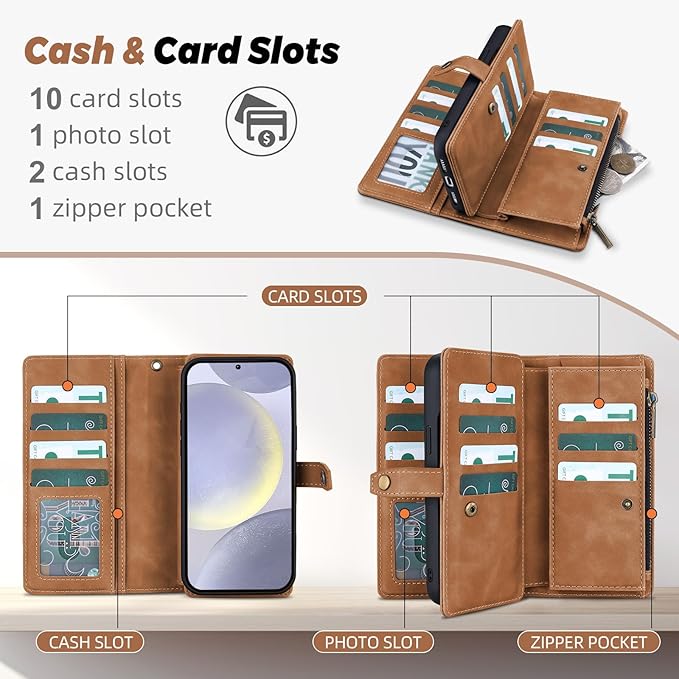 TwoHead for Samsung Galaxy S24 Plus Wallet Case with Card Holder,Detachable Magnetic Phone Case for Galaxy S24 Plus,PU Leather All-Round Protective Phone Cover Wallet with Strap(6.6 in, Brown)