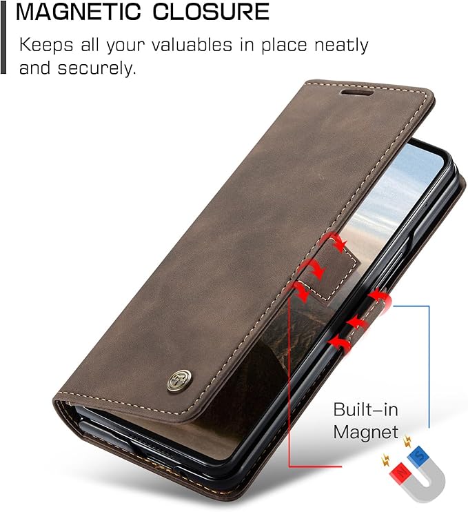 Wallet Case for Samsung Galaxy Z Fold 7 Leather Wallet Flip Cover with Card Holder, Kickstand, Magnetic Closure, RFID Blocking TPU Shockproof Phone Case Compatible with Galaxy Fold 7, Coffee