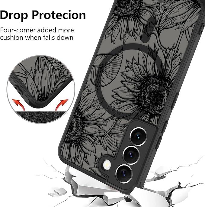 Fiyart Designed for Samsung Galaxy S21 Case Matte Flowers Design Compatible with MagSafe,Cute Sunflowers Anti-Scratch Translucent Phone Cover for Women Girls 6.1"-Black