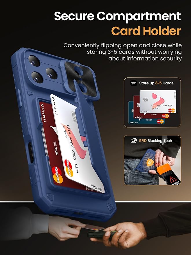 Vihibii for iPhone 17 Pro Wallet Case with Card Holder (4 Cards) [RFID Blocking] & Slide Lens Cover & Raised Edges Protect Screen, Shockproof Rugged Phone Cover Case for iPhone 17 Pro 6.3" 2025, Blue