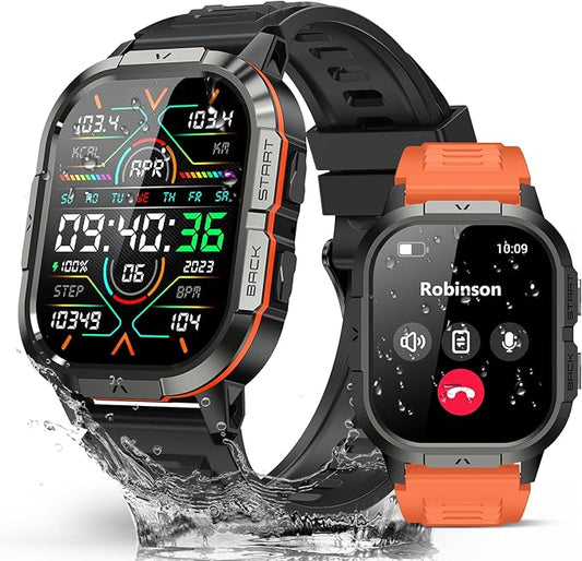 Smart Watches for Men-2.06”AMOLED(Answer/Make Calls), IP68 Fitness Activity Step Tracker with Sleep Monitor/110+ Sports Modes, Tactical SmartWatch for Android iOS Samsung Compatible (Orange, 2.06)