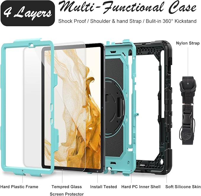 Tablet Case for Samsung Galaxy Tab S8/S7 11-inch 5G 2022/2020 [with Tempered Glass Screen Protector], Rotating Kickstand/Hand & Shoulder Strap/S Pen Holder (SkyBlue)