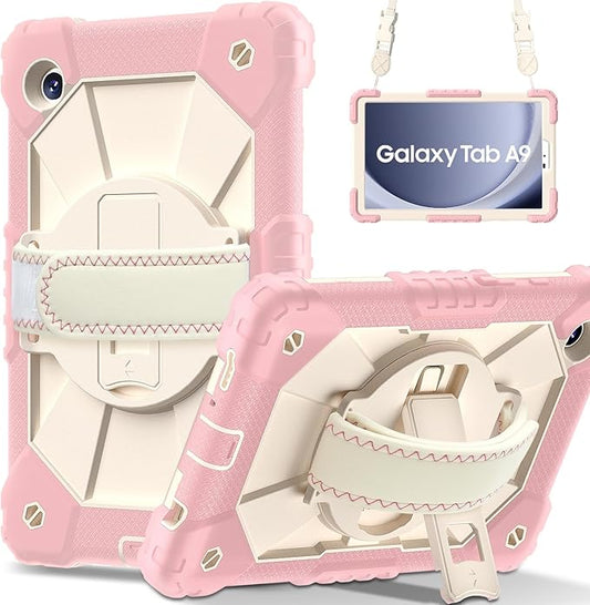 for Samsung Galaxy Tab A9 Case 8.7 inch (SM-X110/X115/X117), Heavy Duty Shockproof Silicone Cover Rugged 360 Stand Hand Shoulder Strap for Galaxy A9 Tablet Rose Red+Cream Stone