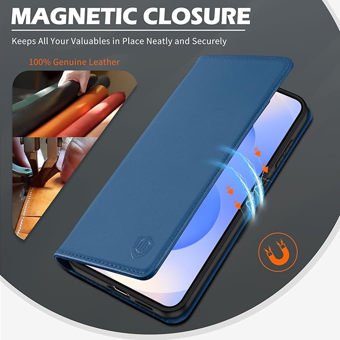 SHIELDON Case for Galaxy S25 FE 6.7", Genuine Leather Wallet Magnetic Case with RFID Blocking Card Holder Kickstand Shock Absorbing Cover Compatible with Galaxy S25 FE 5G 2025 - Nappa Royal Blue