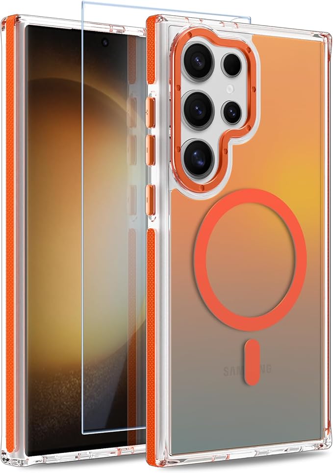 MOWIME Magnetic Case for Samsung Galaxy S23 Ultra [Compatible with Magsafe] [Cute Fashion Fluorescent Design] [1 Screen Protector] Slim Translucent Matte Case for Galaxy S23 Ultra 6.8", Orange