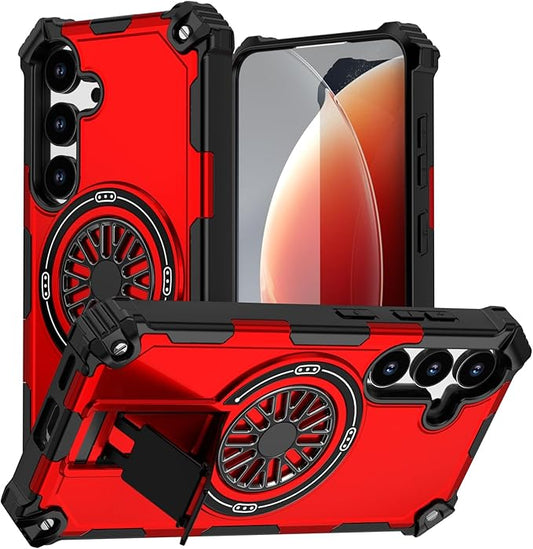 Magnetic Case for Galaxy S25/Galaxy S24, Built-in Stand [Compatible with Mag-Safe] Shockproof Protective Cover Case for Samsung Galaxy S25/Galaxy S24 Red