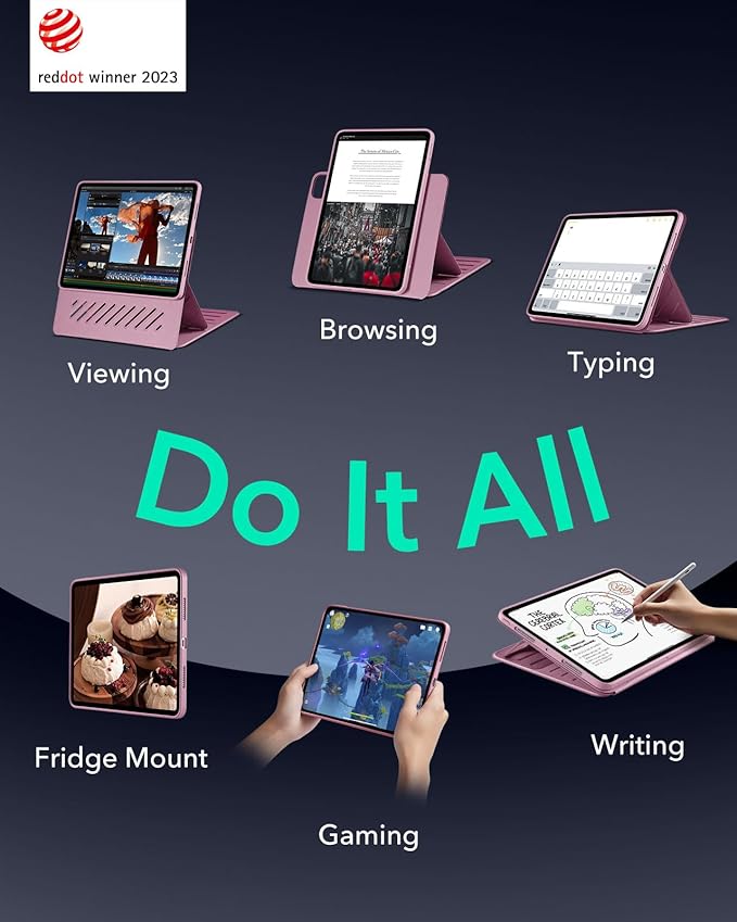 ESR for iPad Pro 13 Inch Case M4(2024), iPad Pro 13 Rotating Case with Removable Magnetic Cover, Adjustable Portrait/Landscape Stand with Raised Screen View, 9 Standing Angles, Shift Series, Pink