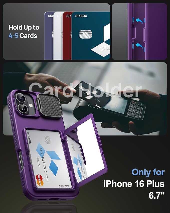 for iPhone 16 Plus Case Wallet, Built-in Credit Card Holder & Stand & Camera Cover, Military Grade Drop Tested Soft Silicone Edge Rugged Protective Phone Case for iPhone 16 Plus 2024, Purple