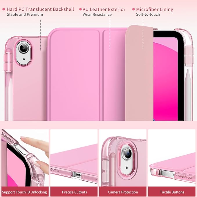 MoKo for iPad (A16) 11th Generation Case 11 Inch 2025, iPad 10th Generation Case 10.9 Inch 2022 with Pencil Holder, Slim Light Trifold Protective Cover with Hard PC Translucent Back Shell, Pink