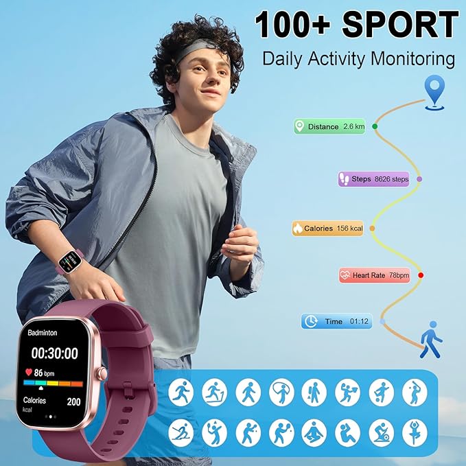 Smart Watch(Answer/Make Call), 1.91" Smartwatch for Men Women, 2025 New Fitness Watch with 110+ Sport Modes, Fitness Activity Tracke with Pedometer/Sleep Monitor/Heart Rate/IP68 Waterproof, Wine Red