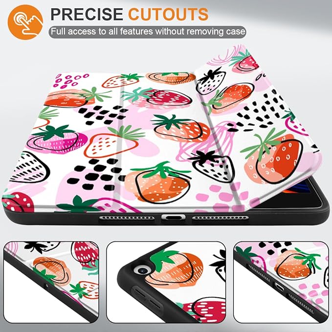 DONGKE Case Compatible with iPad 10.2 Inch 2021 2020 2019 iPad 9th/8th/7th Generation with Pencil Holder, Slim Stand Protective Case with Soft TPU Back, Auto Sleep/Wake Cover, Strawberrys