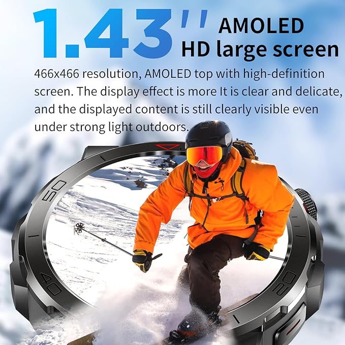 Smart Watch 1.43" AMOLED Display, Bluetooth Calling, IP68 Waterproof, Heart Rate Monitoring, Sleep Monitoring，Multi-Sport Fitness Tracking, Voice Assistant (Black)