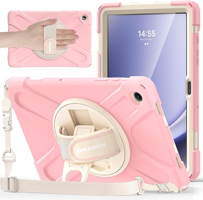 BRAECNstock Kids Case for Samsung Galaxy Tab A9+ Plus 11 inch (SM-X210/X216/X218) Shockproof Protective Tab A9+ 5G Case with Screen Protector Pen Holder [Rotating Hand Strap+Stand], Sakura Pink