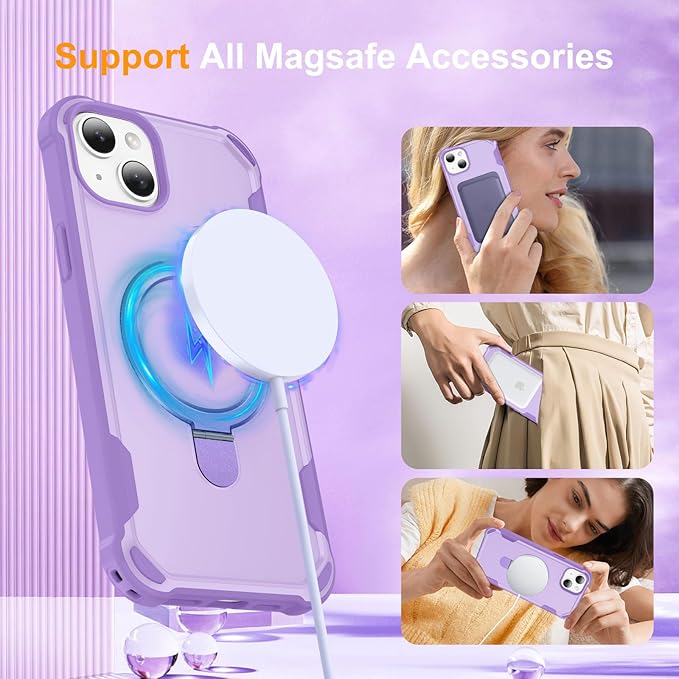 Compatible with iPhone 15 Case with Invisible Magnetic Ring Stand [Compatible with Magnetic] [Military Drop Protection] Shockproof Slim Hard Back Soft Edge Case 6.1 Inch, Purple