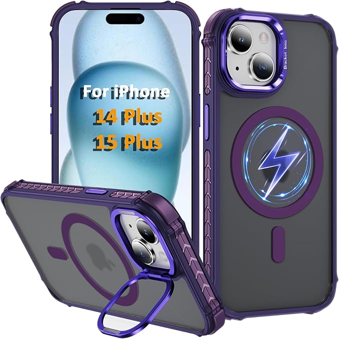 Magnetic for iPhone 15 Plus Case/iPhone 14 Plus Case Purple with MagSafe Wireless Charging Military-Grade Shockproof Protection Adjustable Kickstand Slim Matte Anti-Fingerprint Cover Men Women