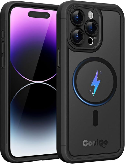COOLQO Magnetic for iPhone 14 Pro Case, Compatible with MagSafe, Dual Layer Design Military Grade Protection, Translucent Matte Scratch-Resistant Back Protective Shockproof Phone Case, Black