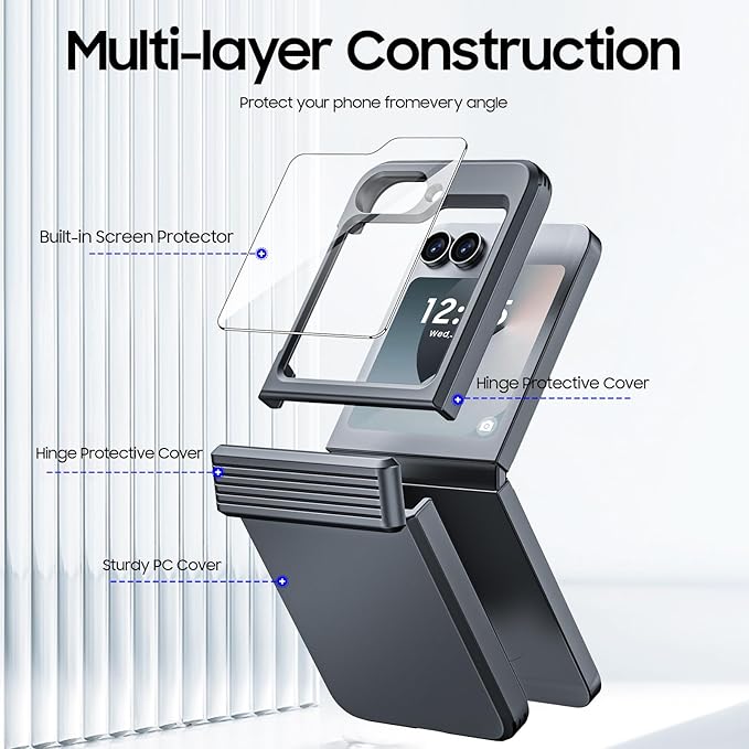 CENMASO for Galaxy Z Flip 6 Case/Z Flip 7 FE Case with Hinge Protection & Built-in Screen Protector, Ultra-Thin Full-Body Shockproof Protection Phone Case for Z Flip 6/Flip 7 FE-Black