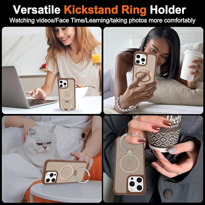 Magnetic Compatible with iPhone 14 Pro Max Case with Stand [Military Grade Drop Tested][Compatible with Magnet] Ring Translucent Slim Hard Back Soft Edge, Desert Gold