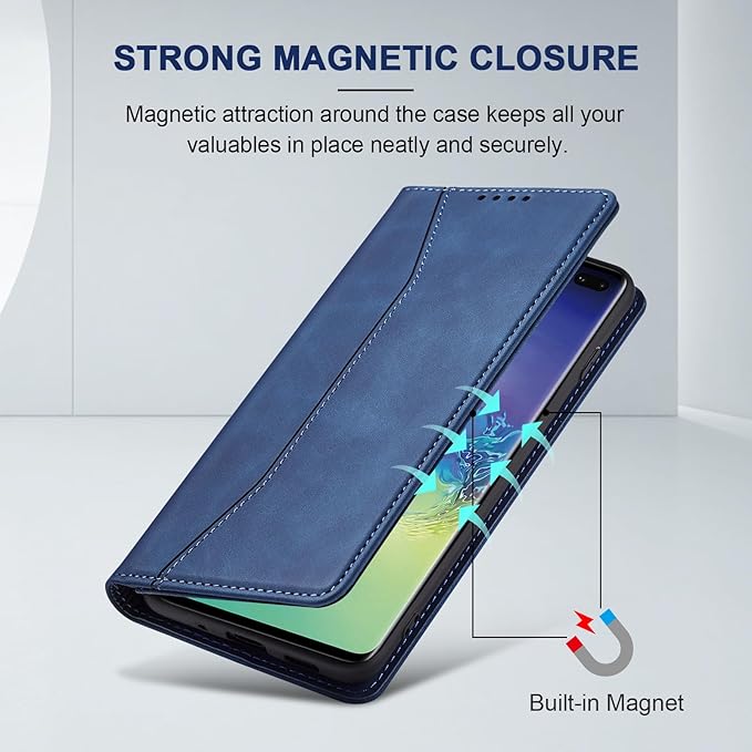 Jasonyu Flip Wallet Case for Samsung Galaxy S10 Plus,Leather Magnetic Folio Cover with Card Holder,Kickstand - TPU Shockproof Durable Protective Phone Case,Blue