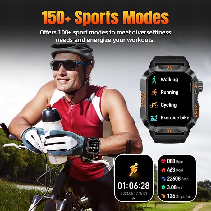Military Smartwatch for Men, LED Flashlight Bluetooth Call IP68 Waterproof Heart Rate Blood Oxygen Sleep Tracker Fitness Pedometer Android/iOS Compatible - Ideal for Hunting Hiking Extreme Sports