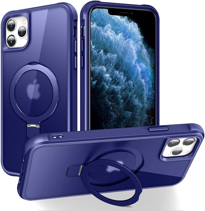 Magnetic Compatible with iPhone 11 Pro Max Case with Stand [Military Grade Drop Tested][Compatible with Magnet] Ring Translucent Slim Hard Back Soft Edge, Blue
