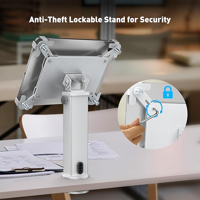AboveTEK iPad Desk Grommet Mount, Adjustable Tablet Desk Mount with 360° Rotation & 180° Tilt, Fits 9.7"-13" Tablets, Anti-Theft iPad Stand, Heavy-Duty Aluminum Tablet Stand, Perfect for Work (Silver)