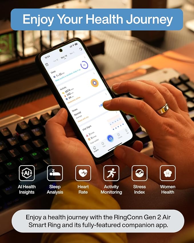 RingConn Gen 2 Air, Ultra-Thin AI Smart Ring, 10-Day Battery Life, Fitness/Sleep/Stress/HR Tracker for Women&Men, No App Fee for Standard Features, iOS & Android Compatible (Size 6, Dune Gold)