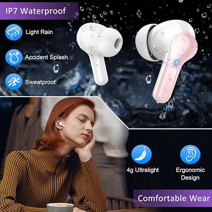 Wireless Earbuds, Bluetooth Headphones 5.4 HiFi Stereo Ear buds with ENC Noise Cancelling Mic, 40H Bluetooth Earbuds with Dual LED Display Charging Case, IP7 Waterproof Earphones for Android iOS, Pink