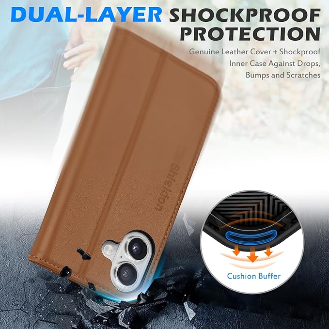 SHIELDON Wallet Case for iPhone 16 6.1" 2024, Genuine Leather Folio Magnetic Closure Kickstand RFID Blocking Card Slots Full Protection Cover Compatible with iPhone 16 5G - Nappa Saddle Brown