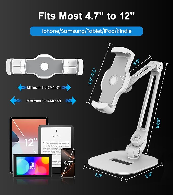 Adjustable Desk Tablet Stand, 360° Swivel iPad Kiosk Stand Fits for 4.7"-12" iPad Air mini Pro, iPhone, Samsung POS, Kindle, Aluminu Alloy Foldable Arm Holder for Store Kitchen Desktop, White