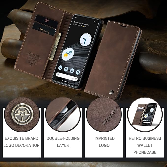 for Google Pixel 7 Case, Flip Wallet Leather Case with Card Holder Magnetic Closure Shockproof Kickstand Protective Phone Cases Cover for Google Pixel 7,Coffee