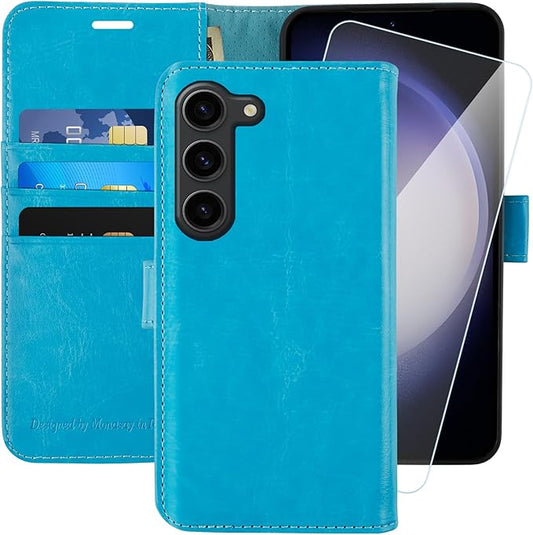 MONASAY Wallet Case Compatible for Galaxy S23 5G,[RFID Blocking] Flip Folio Leather Cell Phone Cover with Credit Card Holder, 6.1 inch, Light Blue