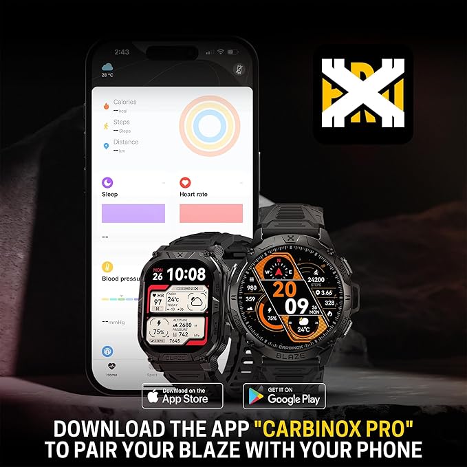 CARBINOX Blaze Smart Watch with GPS (Sport Mode), Rugged Fitness Tracker Waterproof IP69K, Compatible with Android and iOS, 170+ Sports Modes, Gorilla Glass Screen, Make/Receive Calls (Square)