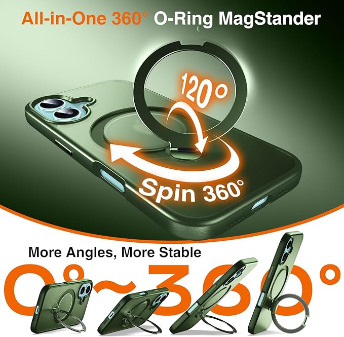 360° O-Ring MagStander for iPhone 16 Case with Magnetic Kickstand Ring Holder [Compatible with MagSafe][360°Rotate Stand Ring][Military Shockproof] Magnet iPhone 16 Phone Cover Matte Green