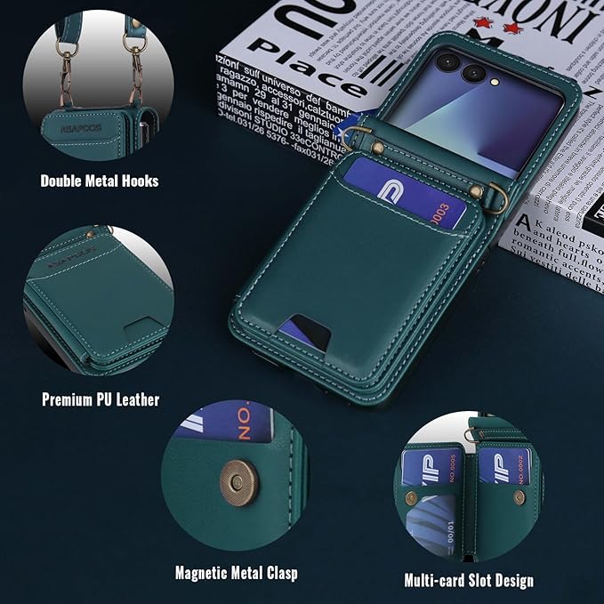 ASAPDOS for Samsung Galaxy Z Flip 7 PU Leather Wallet Phone Case with Card Slots (Holds 5 Cards), Anti-Drop Protection, Wrist & Shoulder Strap Blue Green