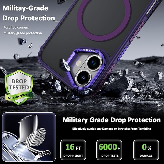16 Case Magnetic for iPhone 16, with Stand，Heavy Duty Drop Protection Case, for iPhone 16 Case Purple