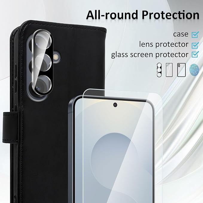 MONASAY Wallet Case Fit for Samsung Galaxy S25+ Plus 5G, [Lens & Glass Screen Protector Included] [RFID Blocking] Flip Folio Leather Cell Phone Cover with Credit Card Holder, 6.7 inch, Black