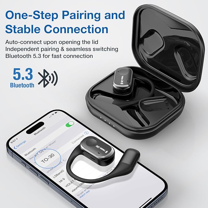 True Open Ear Earbuds Wireless Bluetooth 5.3 Headphones with Microphone, Earbuds with Earhooks, ENC Noise-Cancellation, 45H Playtime, Long-Lasting Comfort, Crystal-Clear Calls for Driving/Gym