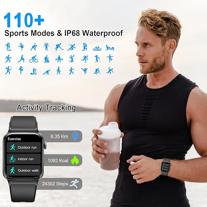 Smart Watch for Men Women, Fitness Tracker Heart Rate Monitor, 1.85" Touch HD Smartwatch for Android iOS IP68 Swimming Waterproof for 100+ Sport Modes, Sleep Tracking, Step Pedometer Calories Tracker