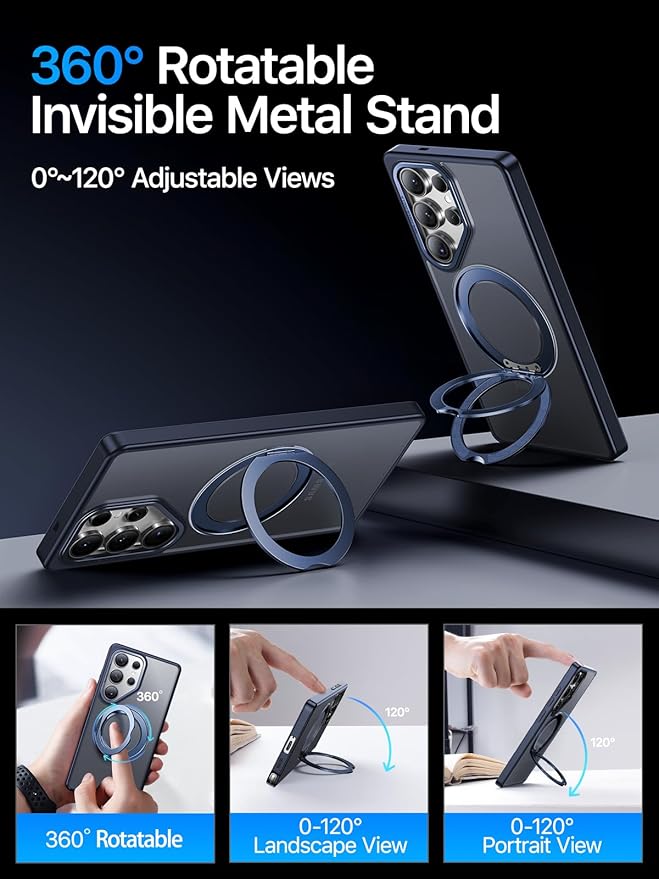 QTlier Phone case for Galaxy S24 Ultra& S25 Ultra- 360 Rotatable Magnetic Ring Stand, Military-Grade Protection, Raised Camera Frame (Blue, S25 Ultra)