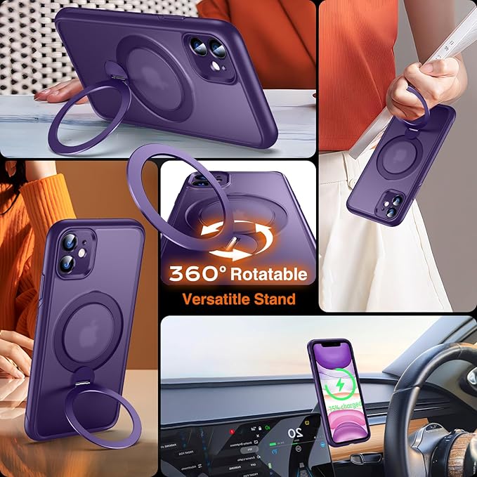 360° O-Ring MagStander for iPhone 11 Case with Magnetic Kickstand Ring Holder [Compatible with MagSafe][360°Rotate Stand Ring][Military Shockproof] Magnet iPhone 11 Phone Cover Matte Purple