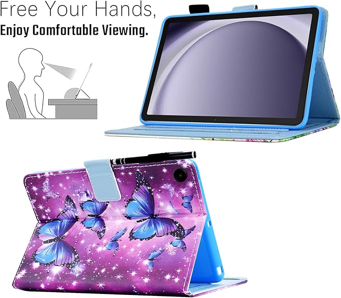KEROM Case for Samsung Galaxy Tab A9+ Plus 11 Inch 2024 2023 (SM-X210/X216/X218), Slim PU Leather Stand Case Protective Cover for Galaxy Tab A9+/A9 Plus Tablet, Auto Wake/Sleep - Sparkling Butterfly
