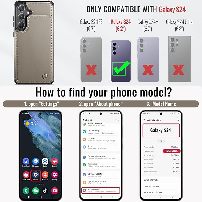 Vinich for Samsung Galaxy S24 Wallet Case with Card Holder, RFID Blocking Credit Slots Kickstand Shockproof Phone Cover for Women Men, Gray