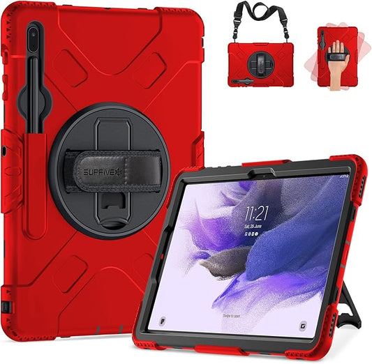 SUPFIVES Case for Samsung Galaxy Tab S7 FE 12.4 Inch 2021 : [Upgraded Military Grade] Full-Body Rugged Protective Soft Silicone Cover - Kick Stand- Handle/Shoulder Strap- S Pen Holder- Red