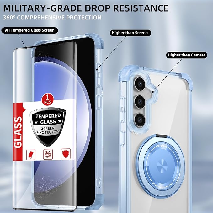 for Samsung Galaxy S23 FE Case Magnetic Compatible with MagSafe,with 2 Screen Protector,Built-in Camera Cover+Stand Ring,Military Grade Drop Shockproof Heavy Duty Protection Phone Bumper Blue