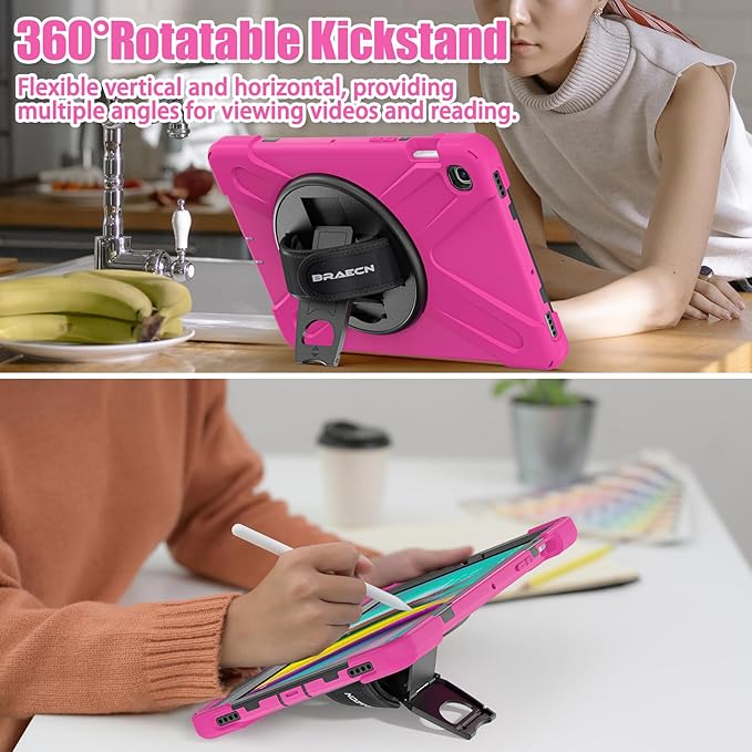 BRAECNstock for Samsung Galaxy Tab S5e Case 10.5 inch 2019 (SM-T720/T725/T727) Shockproof Protective Galaxy Tab S5e Kids Cover with Screen Protector Rotating Stand & Hand Strap Pen Holder - Rose Red