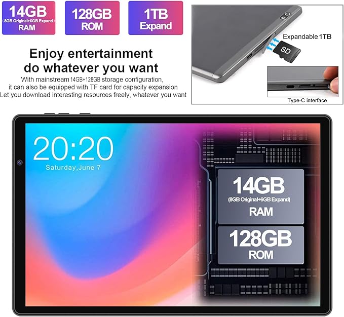 Android Tablet 10 inch Android 13 Tablets with 14GB RAM 128GB ROM, Octa-Core 2.0 GHz, 8000mAh Battery, 5G WiFi, Bluetooth 5.0, HD IPS Touchscreen, 5+8MP Camera Tablet with Keyboard Mouse Case, Grey